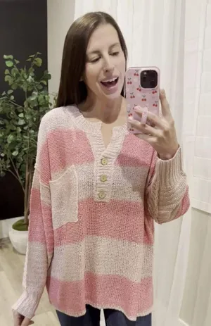 Pink Lily Know You Best Mauve Striped Henley Sweater thumbnail 1