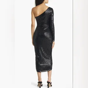 NEW Lulus Elegant Occasion Black Sequin One-Shoulder Midi Dress – Size Small thumbnail 7