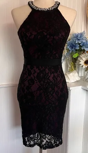 Sequin Hearts Black & Mauve Open Back Lace Dress thumbnail 1