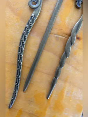 Vintage-Style Set 3 Fancy Brass Metal Hair Sticks, Fox Fish & S Design 5-6.25” thumbnail 3