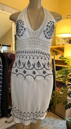 VTG Uluwatu Bali Handmade Lace Embroidered Halter Maxi Dres Size S Boho thumbnail 1