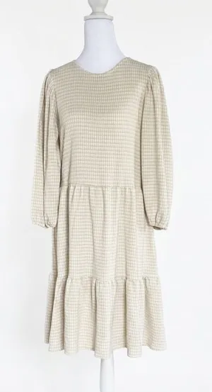 Draper James RSVP Tiered Skater Dress Gold Cream Houndstooth Shimmer Medium‎ M thumbnail 1