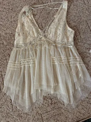 Free People On The Town Romantic Cream Beaded Sequin Sheer Lace Tank thumbnail 6