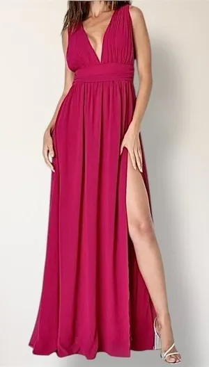 Lulus Heavenly Hues M Magenta Maxi Dress‎ Deep V Side Slit Formal Homecoming thumbnail 1