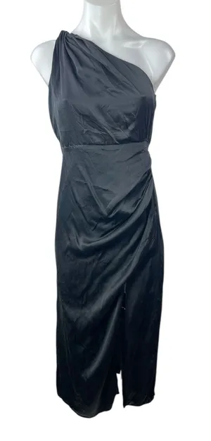 Anthropologie Black Silk Satin One Shoulder Slit Ruched Midi Sheath Dress Size 2 thumbnail 1