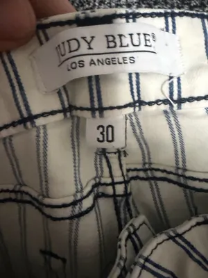 Judy Blue high-waist white blue pinstripe super flare jeans raw hem size 30. thumbnail 7