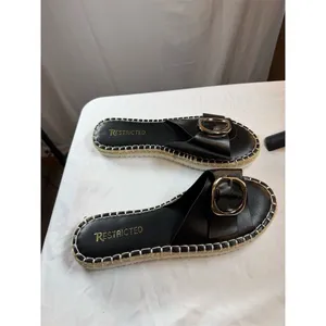 Restricted Womens Black Espadrille Slide Sandals Gold Buckle Jute Trim thumbnail 2