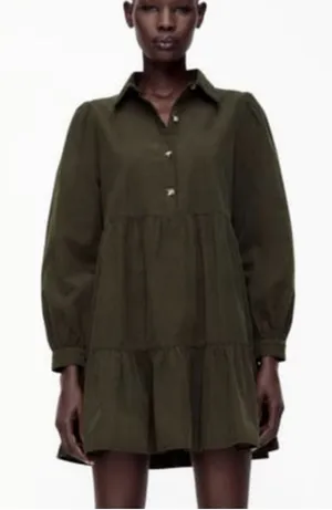 Zara Olive Green Corduroy Long Sleeve Tiered Ruffle Mini Dress Size S thumbnail 1