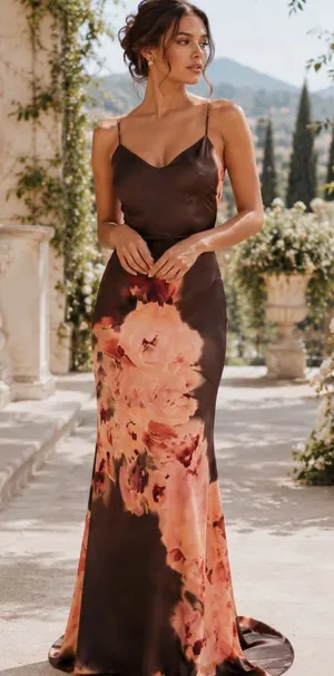 House of CB Mariamma Dark Brown Floral Printed Satin Maxi Dress thumbnail 1