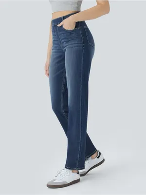 Halara Flex High Waisted Pockets Straight Leg Washed Casual Jeans Size Large thumbnail 2