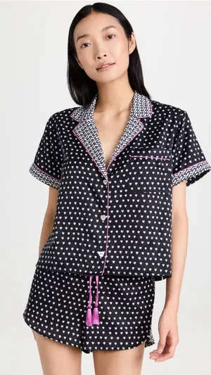 Lele Sadoughi x Roller Rabbit Black, White & Pink Heart Print Pajama‎ Set Sz L thumbnail 1