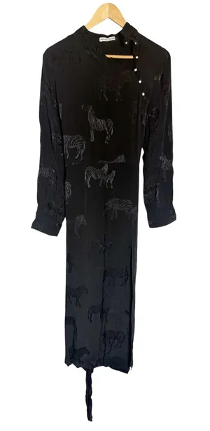 Miu Miu Black Tonal Zebra Print Long Sleeve Asymmetric Button Tie Waist Maxi Dress M thumbnail 1