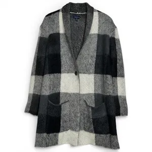 American Eagle Buffalo Plaid Longline Cardigan Sweater Black Grey White L/XL‎ thumbnail 3