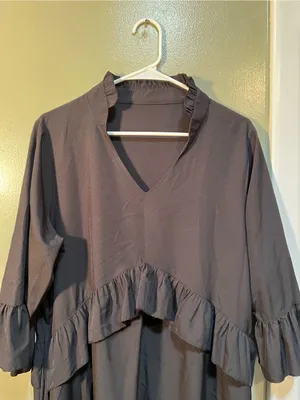 Women’s Size Large Mini Dress Black Ruffle V-Neck A-Line 3/4 Sleeve Collared LBD thumbnail 2