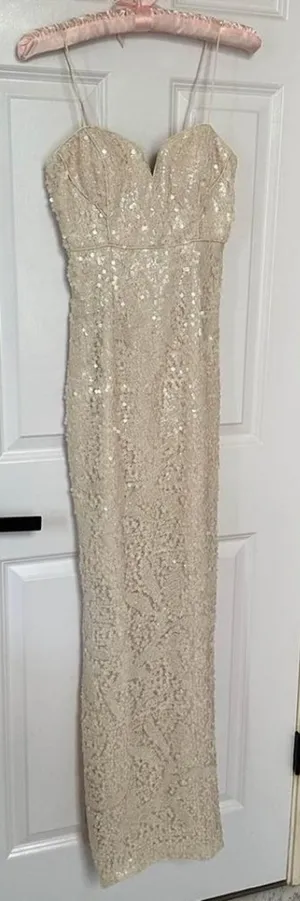 Aidan Mattox Sz 0 Sequin Cream Wedding Bridal Sweetheart Maxi Dress Side Slit thumbnail 1