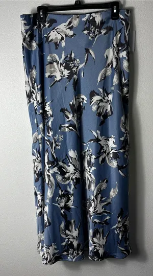 NWT Nordstrom Rack Blue Grey Abstract Floral Satin Maxi Skirt Size L thumbnail 1