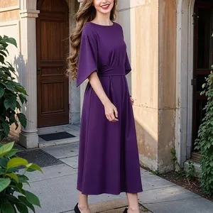 NWT ~ Elegant Purple Midi Dress Wide Bell Sleeves & Belted Waist ~ Women's XL thumbnail 2