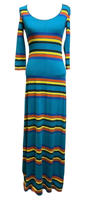 Hive & Honey‎ XS 3/4 Maxi Dress Teal Multicolor Striped Bodycon Boho Retro 70s thumbnail 1