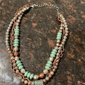 Handmade Costume jewelry Copper and turquoise colored cross and beaded necklace thumbnail 3