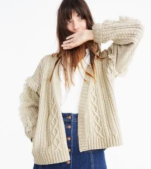 Madewell Cableknit Fringe Cardigan Sweater Tassel Merino Wool Chunky XS thumbnail 1
