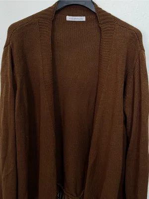 Miss Sparkling Brown Fringe Open Front Waterfall Longline Knit Cardigan thumbnail 4
