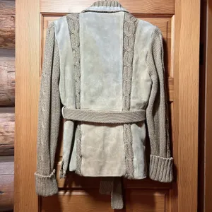 California vintage VTG 70s Women's Suede Leather Belt Knit Cardigan Sweater Jacket Beige Size Small thumbnail 2