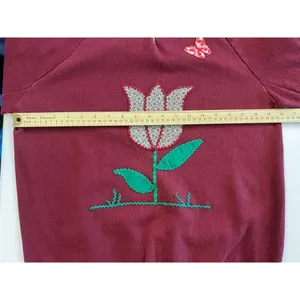 VTG Healthknit‎ Flowers Floral Collar Grandma Burgundy Sweatshirt Womens L thumbnail 5