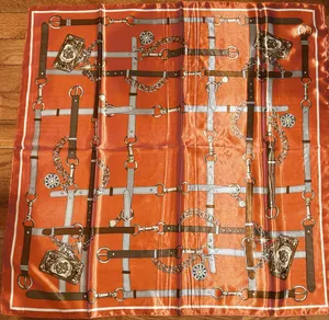 Vintage Equestrian horsebit&chain print oversized hand rolled silky Scarf 35/35 thumbnail 13