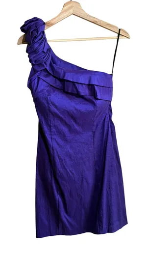 Vintage Rory U.S.A. One Shoulder Ruffle Cocktail Dress L Purple Textured y2k thumbnail 1