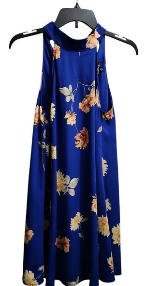 Lulus Royal Blue Floral Print Halter Neck Swing‎ Dress Summer Party Cocktail XS thumbnail 1