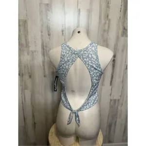 Freshman Blue Floral Halter Crop Top Open Back Tie Blouse Size L thumbnail 2
