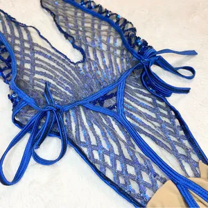 Brazilian Blue Sequin Sheer Plunge One-Piece Thong Side Tie Swimwear Size Small thumbnail 10