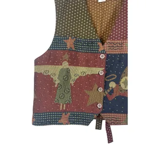 VTG Orvis 90s Tapestry Vest Womens L Made USA Patchwork Folk Angel Stars thumbnail 4