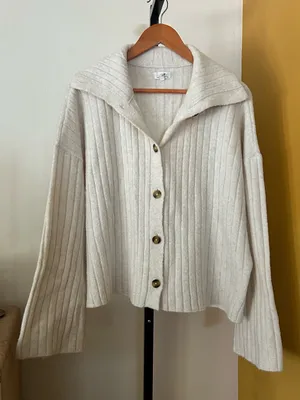 Aerie unREAL Ribbed Cardigan Sweater Collared Button Front Cozy‎ Cream Medium thumbnail 3