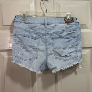American Eagle Stretch High Rise Shortie Denim Jean Shorts 6 Light Wash Crochet thumbnail 4