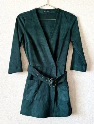 ZARA trf Collection Emerald Green Faux Suede Belted Romper thumbnail 1