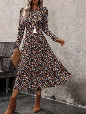 Black Multi-Floral Retro Bodycon Long Sleeve Dress thumbnail 1