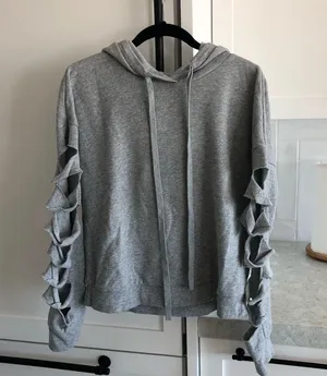 ALO Yoga Slash Sleeve Slay Hoodie Pullover Top Grey Gray Hooded Jacket Small thumbnail 2