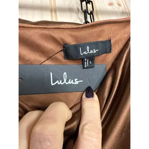 NWT Lulus Luxurious Vision Brown Satin Off-the-Shoulder Mini Dress Party Size L thumbnail 6