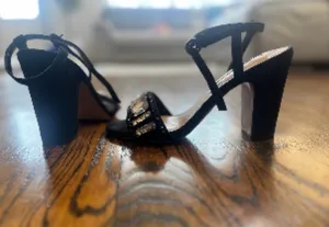 Black suede sandals by Audrey Brooke with gemstones thumbnail 6
