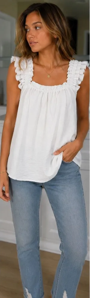 Ruffle Strap Tank Top Womens Large White Sleeveless Square Neck Flowy Blouse thumbnail 1
