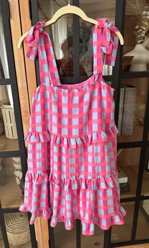 Buddy love gingham ruffle tiered mini dress bows babydoll periwinkle tie straps thumbnail 1