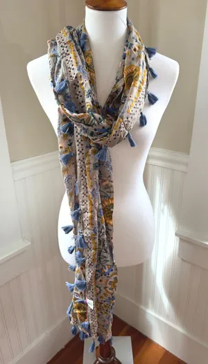 Natural Life Floral Tassel Scarf Boho Lightweight Rayon Wrap Tan Blue NEW thumbnail 1