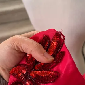 Vintage Pin Up Rockabilly Red Satin Strapless Drop Waist Midi Floral Sequin Gown thumbnail 5