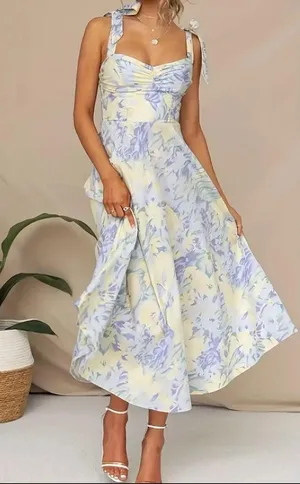Light Yellow and Blue Floral Sundress with Tie Straps thumbnail 3
