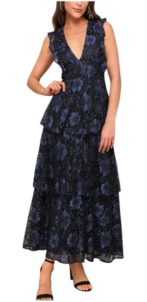 Lulu's Molinetto Black and Blue Floral Lace Tiered Sleeveless Maxi Dress XS thumbnail 1