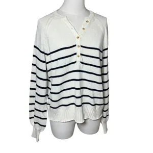 Peyton Primrose Lightweight Nautical Striped Cotton Henley Sweater Ivory Navy M thumbnail 2