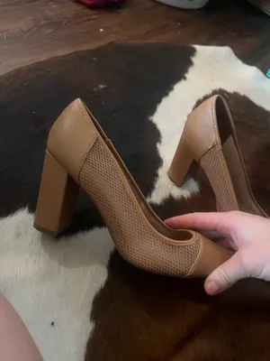 Ladies tan mesh chunky heels thumbnail 4