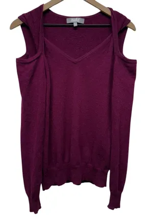 Marled 100% Cashmere Sweater Women M Cold Shoulder Twist Pullover Purple‎ V-Neck thumbnail 1