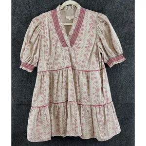 NWT Entro Womens L Polly Printed Mini Dress Floral Puff Sleeve Tiered Pockets thumbnail 2
